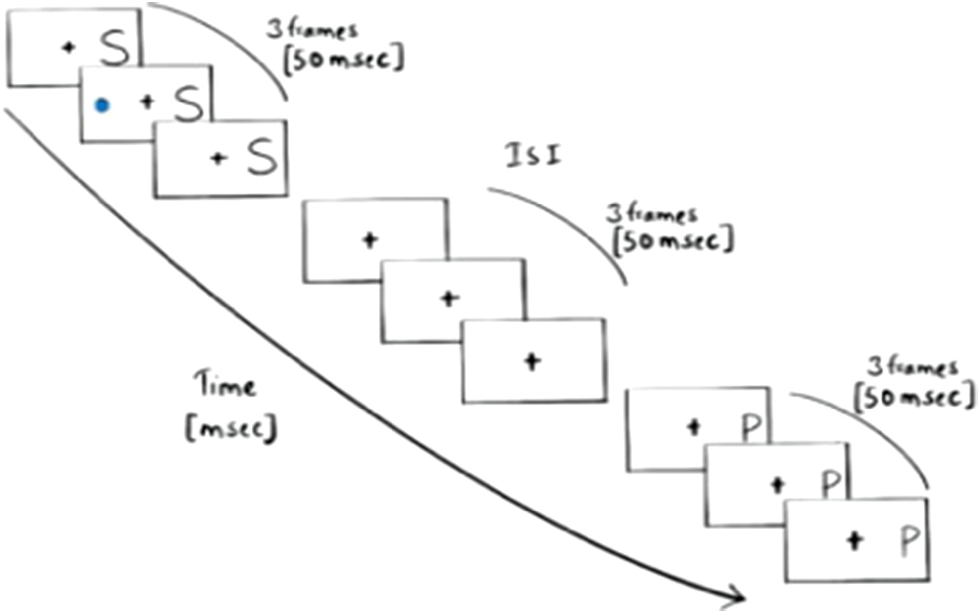 Schematic of the third experiment: letters on one side of fixation, dot on the other, both equally far from the cross