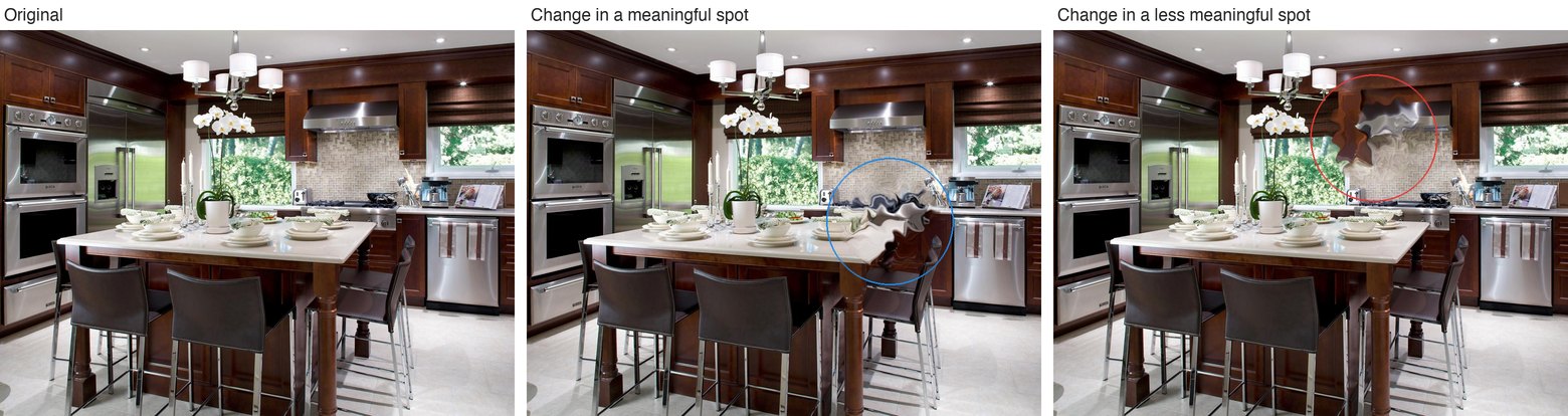 A kitchen scene shown three times: the original, a copy with a distortion at the stove circled in blue, and a copy with a distortion at the range hood circled in red